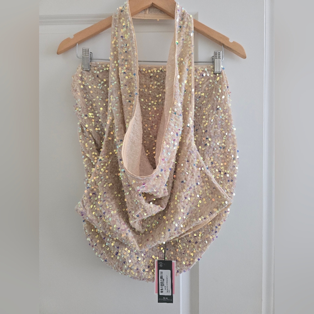 NWT PRETTY LITTLE THING Sequin Embellished Cowl Neck Top and rouched mini skirt